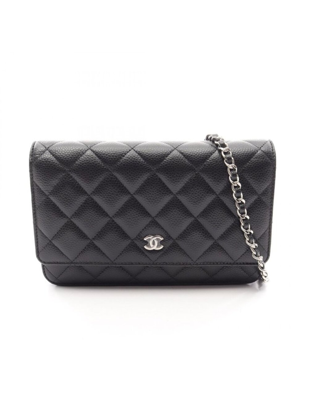 Chanel Shoulder Bag Quilted Black Caviar Leather Chain Wallet
